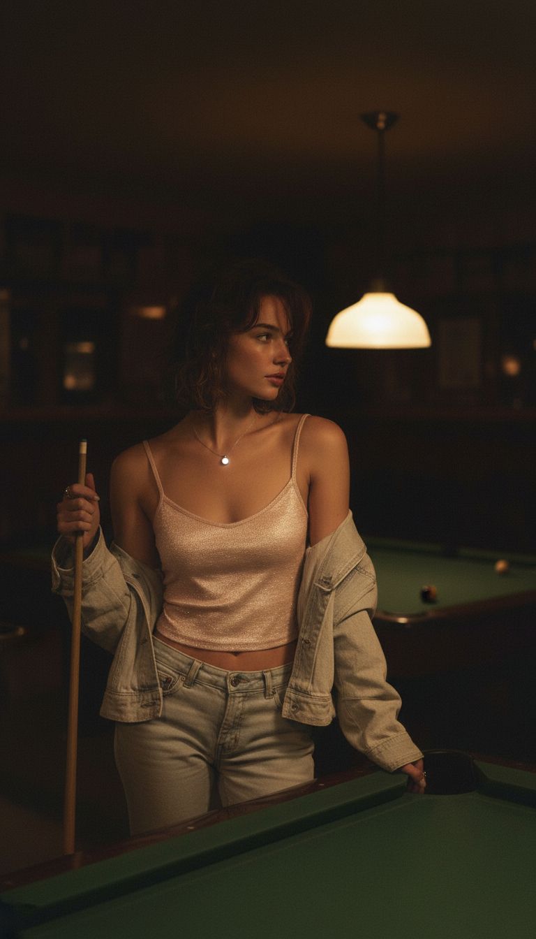 Woman by a pool table wearing Louis Jacques pendant, warm ambient light