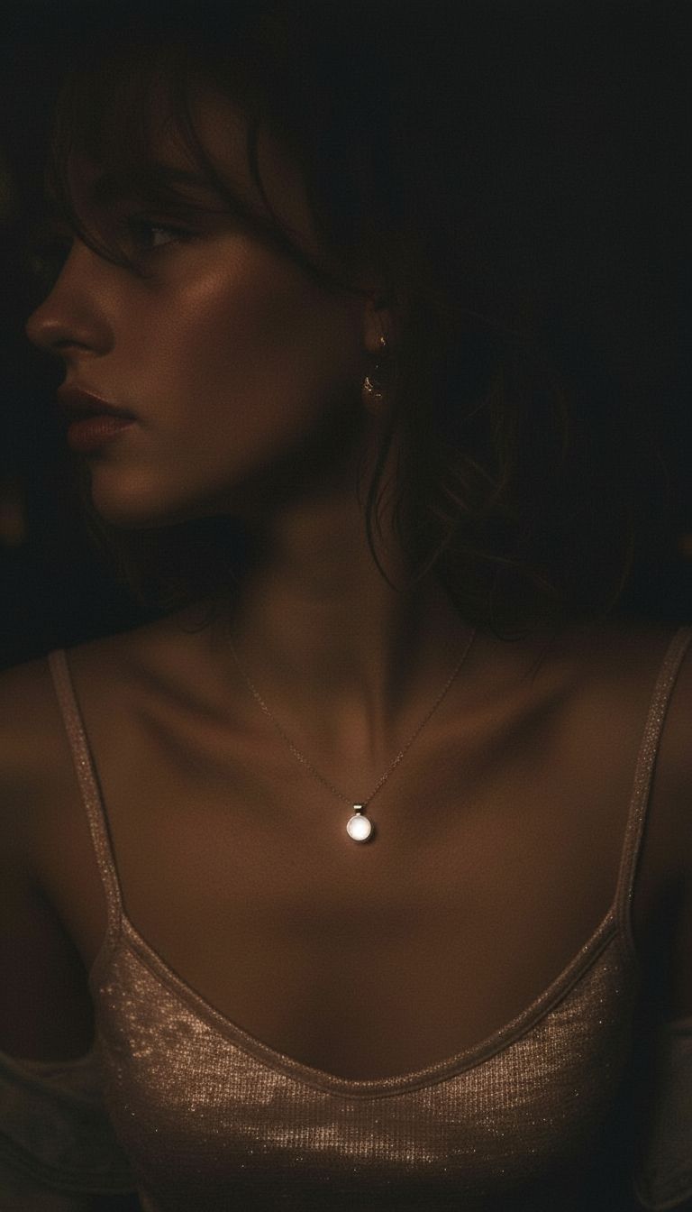 Woman leaning against a pool table, Louis Jacques pendant at her collar